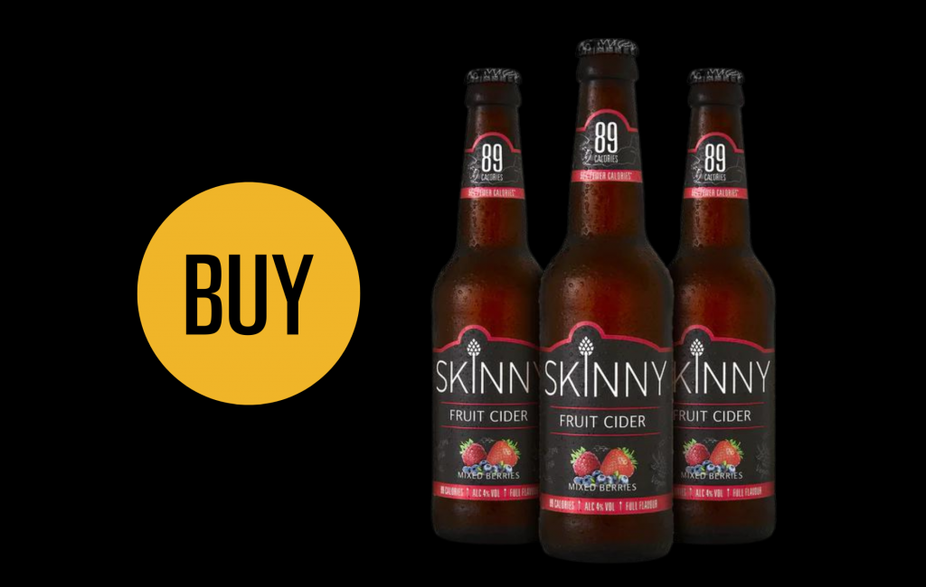 Three bottles of Skinny Fruit Cider which has 89 calories per bottle next to a 'Buy' button