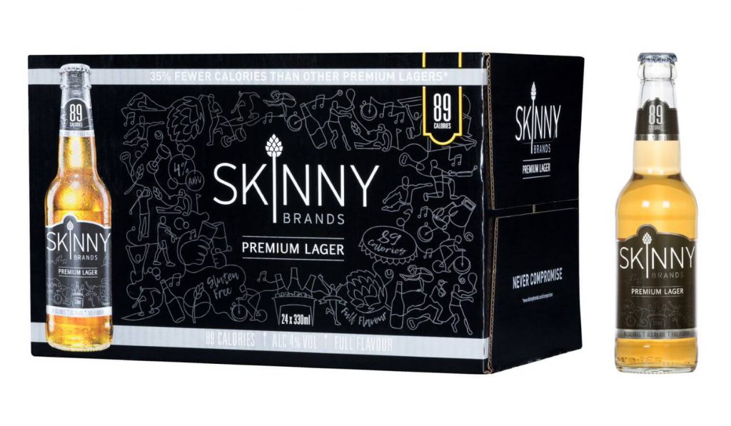 A pack of 24 Skinny Lager bottles